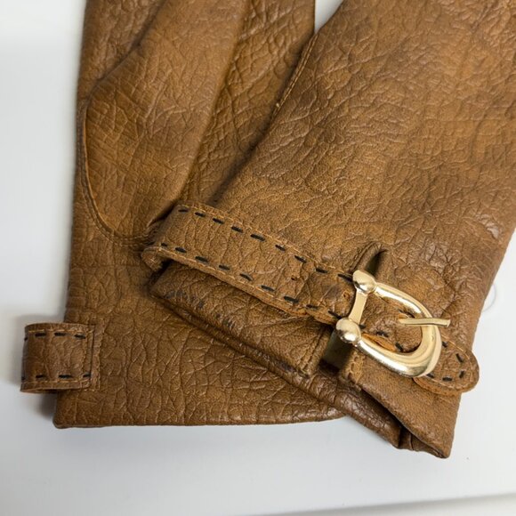 Vintage Women's Faux Leather Vinyl Textured Buckle Strap Gloves - Picture 3 of 6